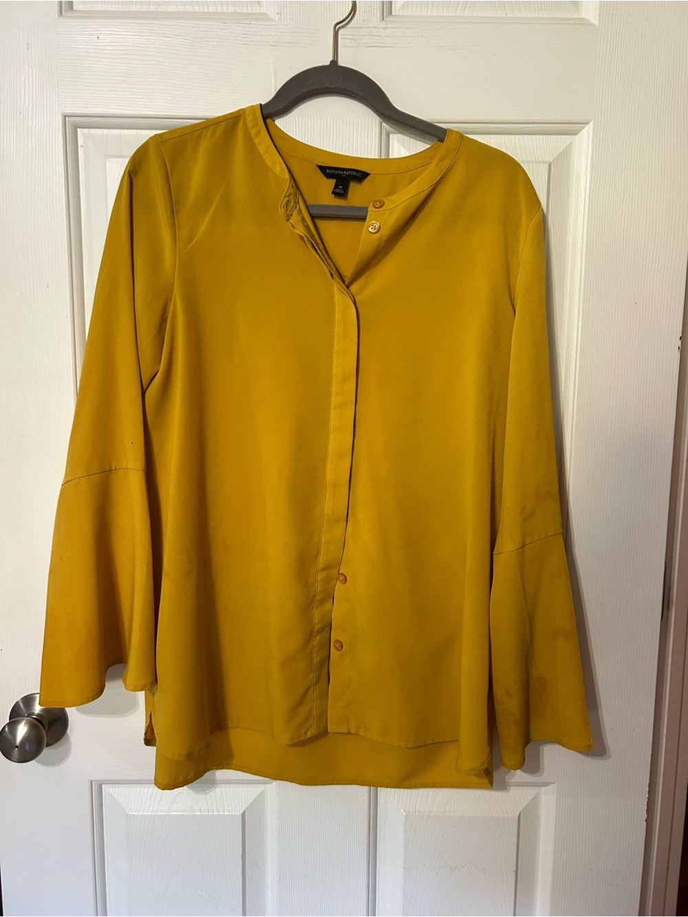 Banana Republic Mustard Yellow Bell-Sleeve Blouse Front Button Office Fall Sz M